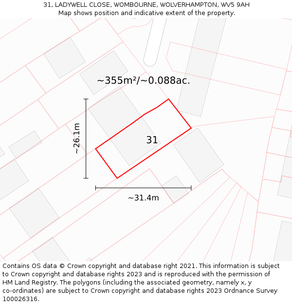 31, LADYWELL CLOSE, WOMBOURNE, WOLVERHAMPTON, WV5 9AH: Plot and title map
