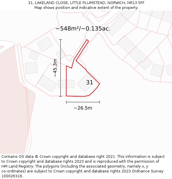 31, LAKELAND CLOSE, LITTLE PLUMSTEAD, NORWICH, NR13 5FF: Plot and title map