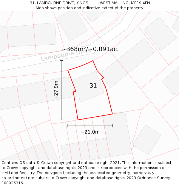 31, LAMBOURNE DRIVE, KINGS HILL, WEST MALLING, ME19 4FN: Plot and title map