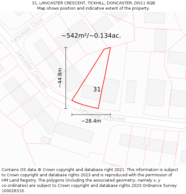 31, LANCASTER CRESCENT, TICKHILL, DONCASTER, DN11 9QB: Plot and title map