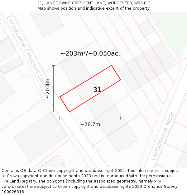 31, LANSDOWNE CRESCENT LANE, WORCESTER, WR3 8JG: Plot and title map