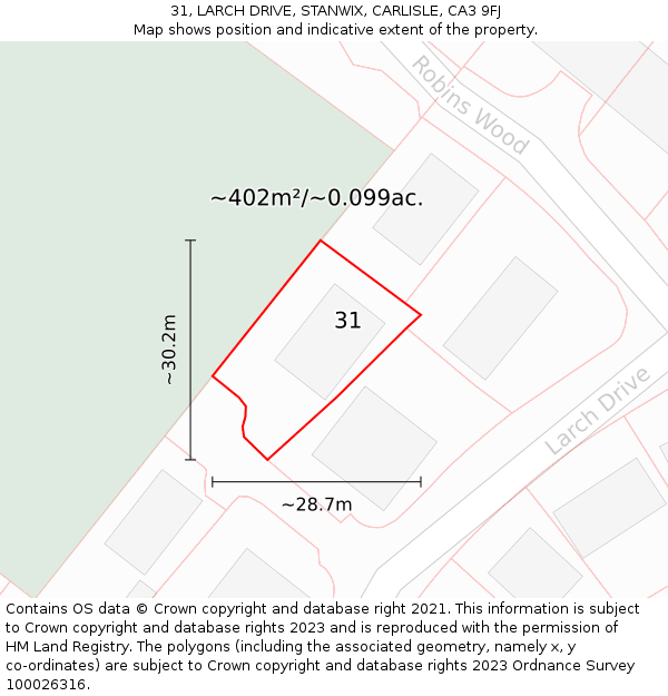 31, LARCH DRIVE, STANWIX, CARLISLE, CA3 9FJ: Plot and title map