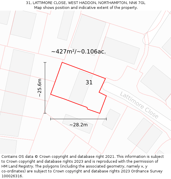 31, LATTIMORE CLOSE, WEST HADDON, NORTHAMPTON, NN6 7GL: Plot and title map