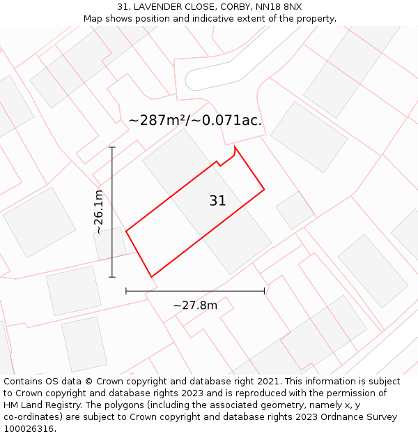 31, LAVENDER CLOSE, CORBY, NN18 8NX: Plot and title map