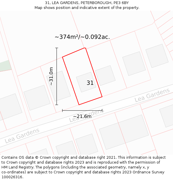 31, LEA GARDENS, PETERBOROUGH, PE3 6BY: Plot and title map