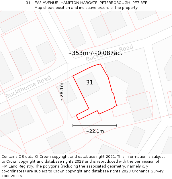 31, LEAF AVENUE, HAMPTON HARGATE, PETERBOROUGH, PE7 8EF: Plot and title map
