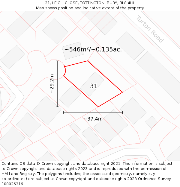 31, LEIGH CLOSE, TOTTINGTON, BURY, BL8 4HL: Plot and title map