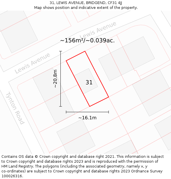 31, LEWIS AVENUE, BRIDGEND, CF31 4JJ: Plot and title map