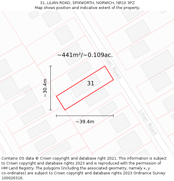31, LILIAN ROAD, SPIXWORTH, NORWICH, NR10 3PZ: Plot and title map