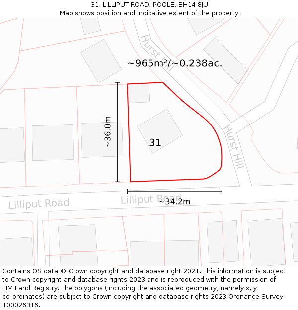 31, LILLIPUT ROAD, POOLE, BH14 8JU: Plot and title map