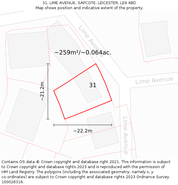 31, LIME AVENUE, SAPCOTE, LEICESTER, LE9 4BD: Plot and title map