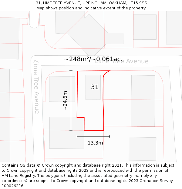 31, LIME TREE AVENUE, UPPINGHAM, OAKHAM, LE15 9SS: Plot and title map