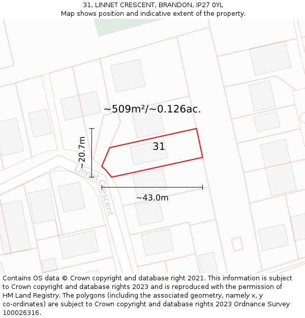 31, LINNET CRESCENT, BRANDON, IP27 0YL: Plot and title map