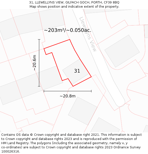 31, LLEWELLYNS VIEW, GILFACH GOCH, PORTH, CF39 8BQ: Plot and title map