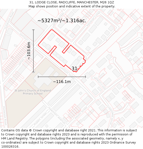 31, LODGE CLOSE, RADCLIFFE, MANCHESTER, M26 1QZ: Plot and title map