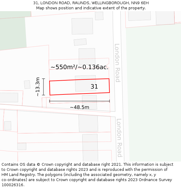 31, LONDON ROAD, RAUNDS, WELLINGBOROUGH, NN9 6EH: Plot and title map