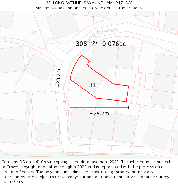 31, LONG AVENUE, SAXMUNDHAM, IP17 1WG: Plot and title map