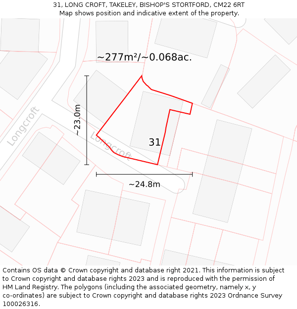 31, LONG CROFT, TAKELEY, BISHOP'S STORTFORD, CM22 6RT: Plot and title map