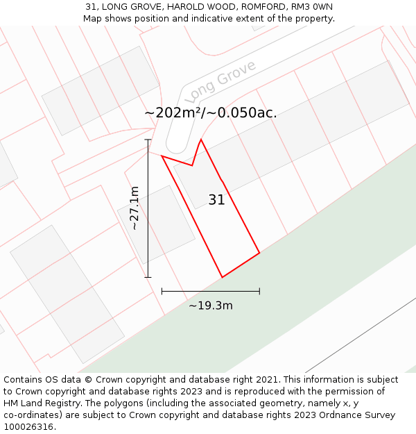 31, LONG GROVE, HAROLD WOOD, ROMFORD, RM3 0WN: Plot and title map
