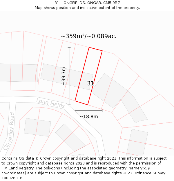 31, LONGFIELDS, ONGAR, CM5 9BZ: Plot and title map