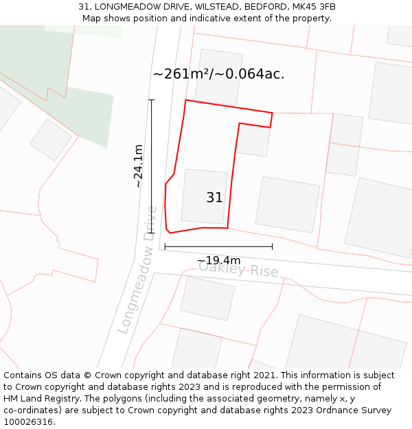 31, LONGMEADOW DRIVE, WILSTEAD, BEDFORD, MK45 3FB: Plot and title map