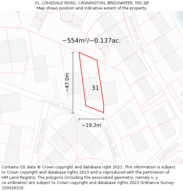 31, LONSDALE ROAD, CANNINGTON, BRIDGWATER, TA5 2JR: Plot and title map