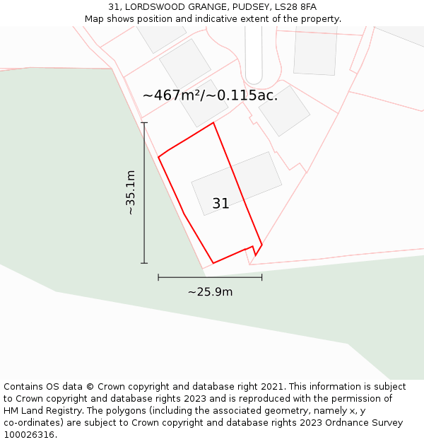 31, LORDSWOOD GRANGE, PUDSEY, LS28 8FA: Plot and title map