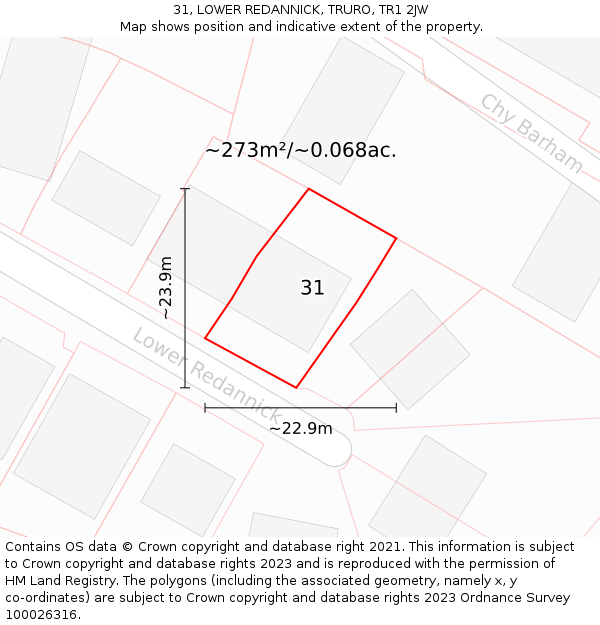31, LOWER REDANNICK, TRURO, TR1 2JW: Plot and title map