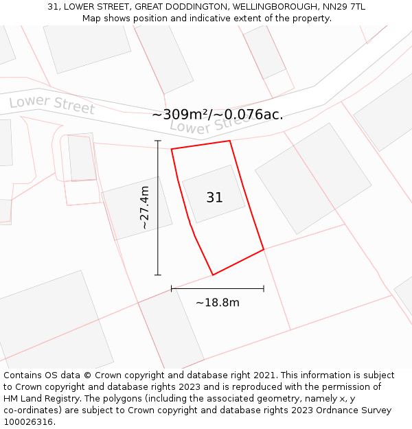 31, LOWER STREET, GREAT DODDINGTON, WELLINGBOROUGH, NN29 7TL: Plot and title map