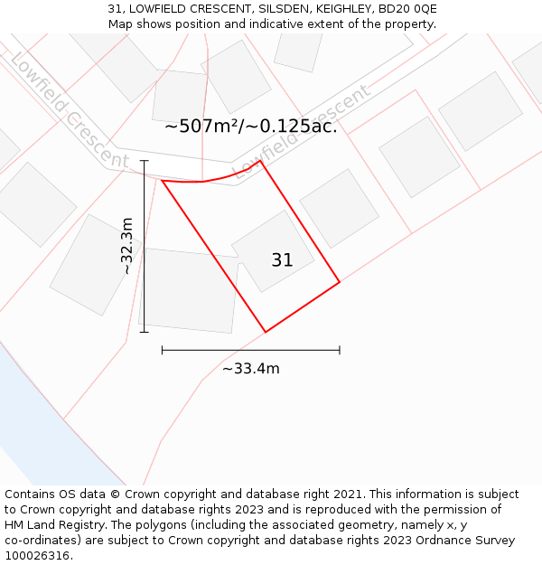 31, LOWFIELD CRESCENT, SILSDEN, KEIGHLEY, BD20 0QE: Plot and title map