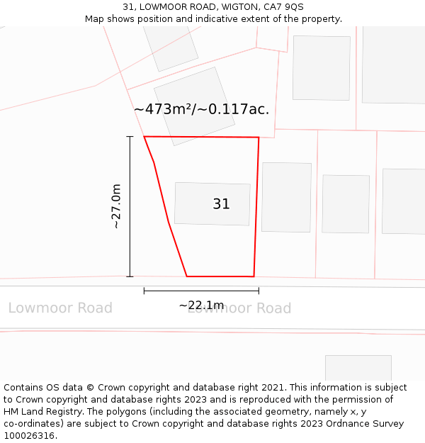 31, LOWMOOR ROAD, WIGTON, CA7 9QS: Plot and title map