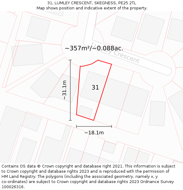31, LUMLEY CRESCENT, SKEGNESS, PE25 2TL: Plot and title map