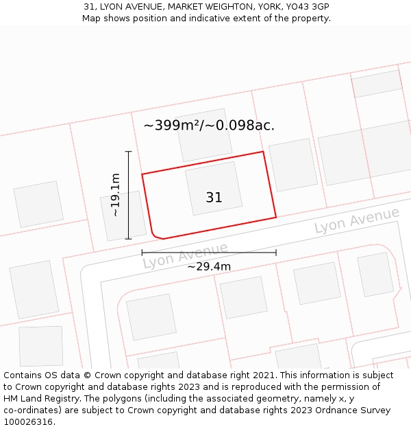 31, LYON AVENUE, MARKET WEIGHTON, YORK, YO43 3GP: Plot and title map