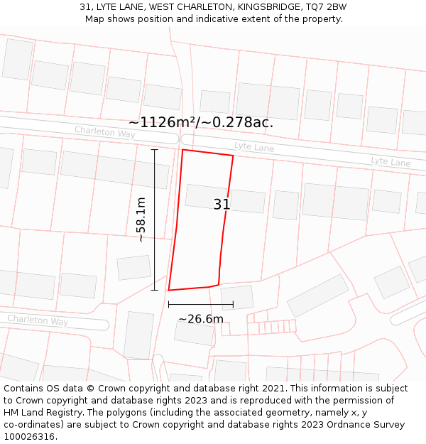 31, LYTE LANE, WEST CHARLETON, KINGSBRIDGE, TQ7 2BW: Plot and title map
