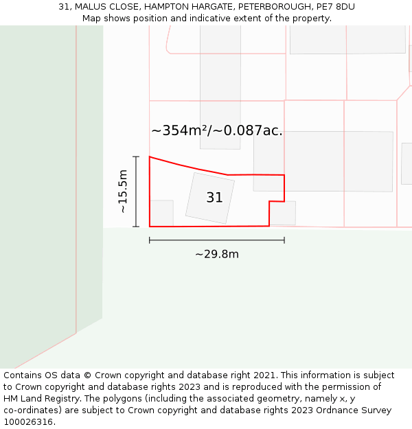 31, MALUS CLOSE, HAMPTON HARGATE, PETERBOROUGH, PE7 8DU: Plot and title map