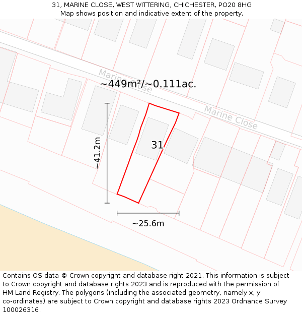 31, MARINE CLOSE, WEST WITTERING, CHICHESTER, PO20 8HG: Plot and title map