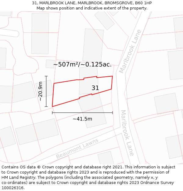 31, MARLBROOK LANE, MARLBROOK, BROMSGROVE, B60 1HP: Plot and title map