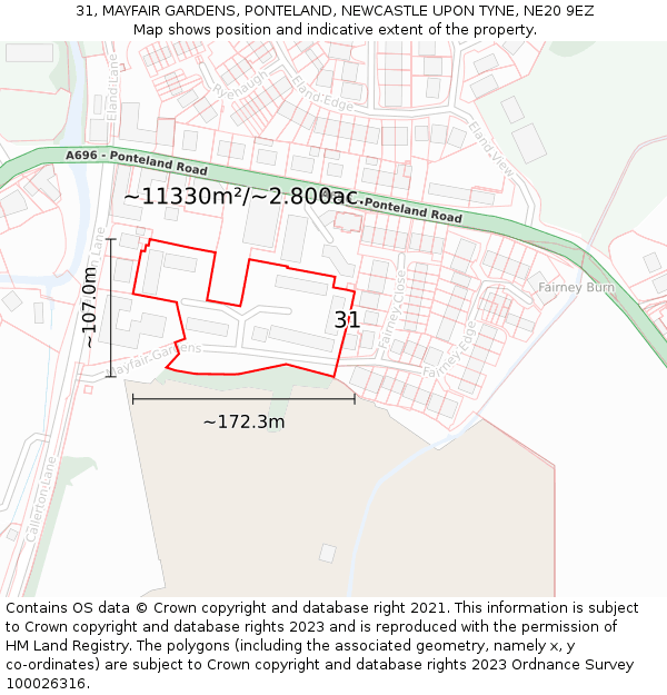 31, MAYFAIR GARDENS, PONTELAND, NEWCASTLE UPON TYNE, NE20 9EZ: Plot and title map