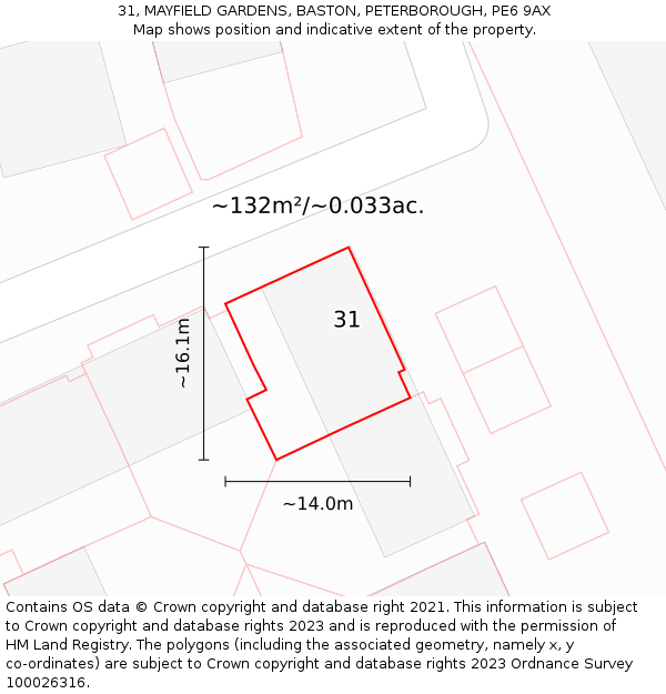 31, MAYFIELD GARDENS, BASTON, PETERBOROUGH, PE6 9AX: Plot and title map