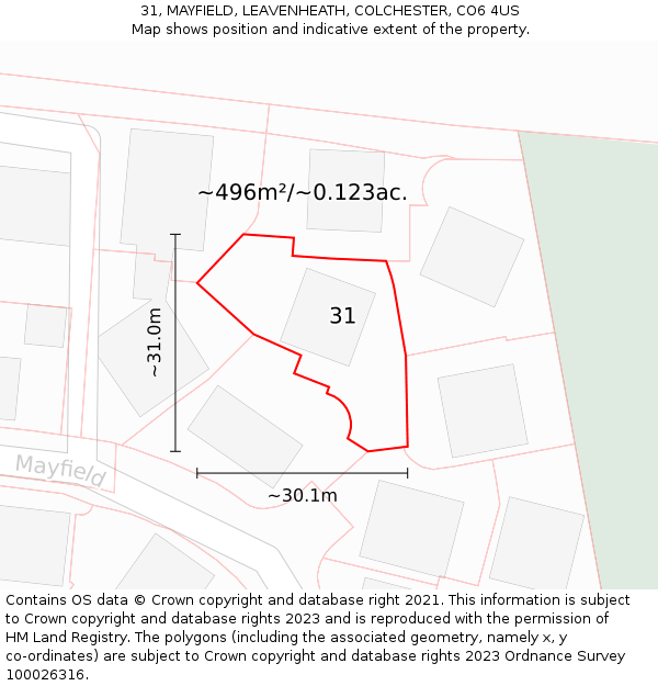 31, MAYFIELD, LEAVENHEATH, COLCHESTER, CO6 4US: Plot and title map