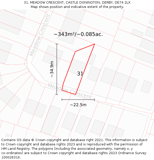 31, MEADOW CRESCENT, CASTLE DONINGTON, DERBY, DE74 2LX: Plot and title map