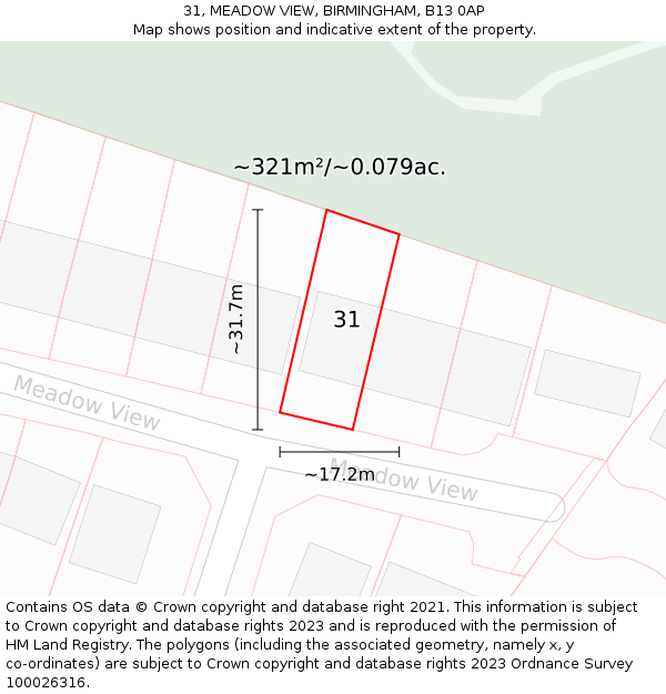 31, MEADOW VIEW, BIRMINGHAM, B13 0AP: Plot and title map