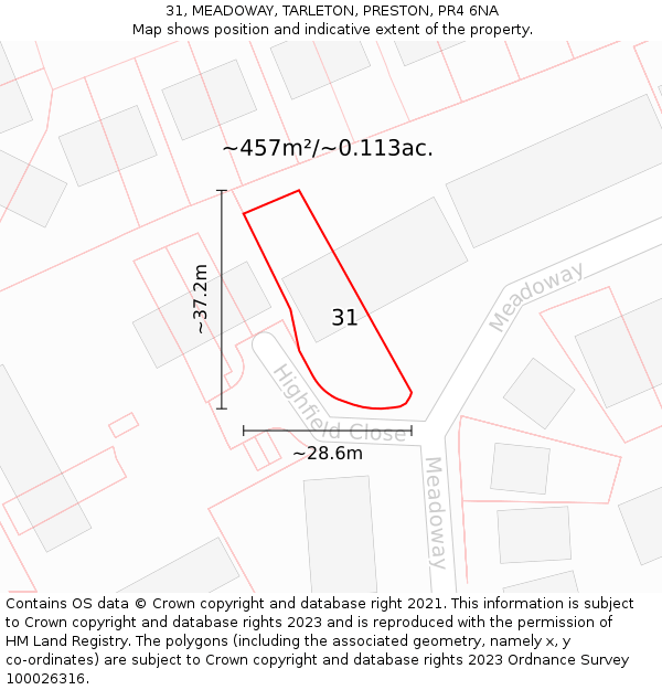 31, MEADOWAY, TARLETON, PRESTON, PR4 6NA: Plot and title map