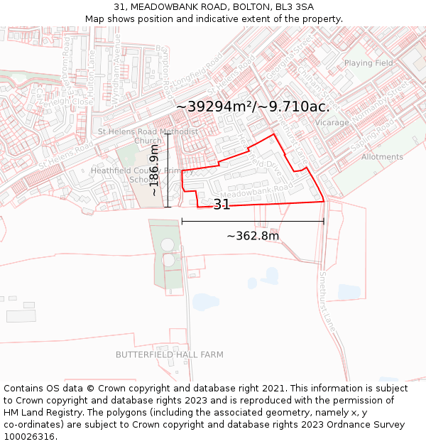 31, MEADOWBANK ROAD, BOLTON, BL3 3SA: Plot and title map