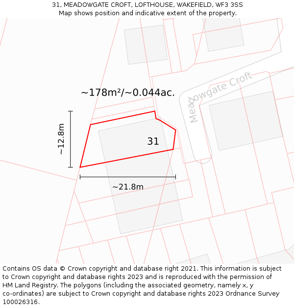 31, MEADOWGATE CROFT, LOFTHOUSE, WAKEFIELD, WF3 3SS: Plot and title map