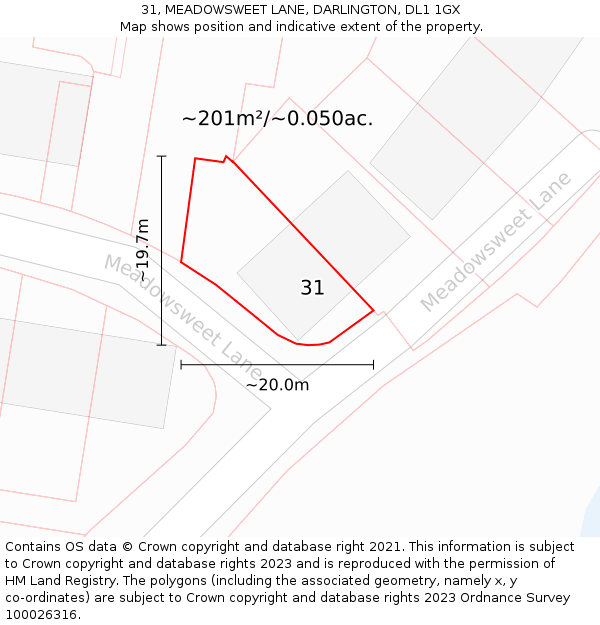 31, MEADOWSWEET LANE, DARLINGTON, DL1 1GX: Plot and title map