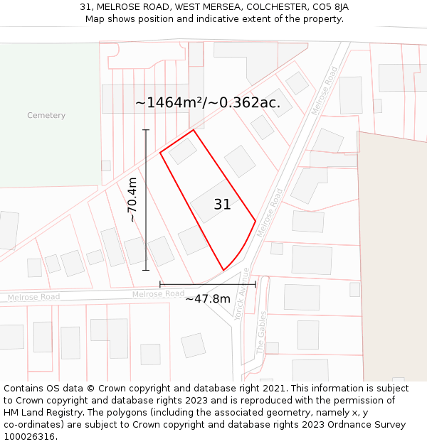 31, MELROSE ROAD, WEST MERSEA, COLCHESTER, CO5 8JA: Plot and title map