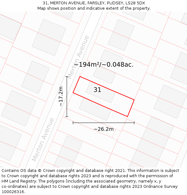 31, MERTON AVENUE, FARSLEY, PUDSEY, LS28 5DX: Plot and title map