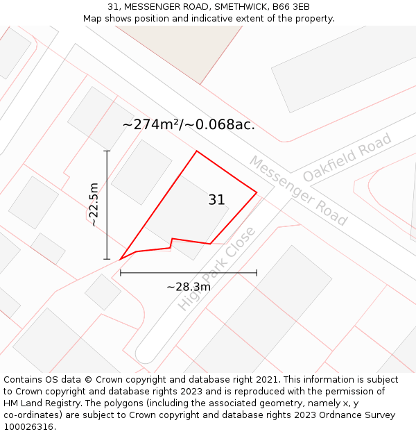 31, MESSENGER ROAD, SMETHWICK, B66 3EB: Plot and title map