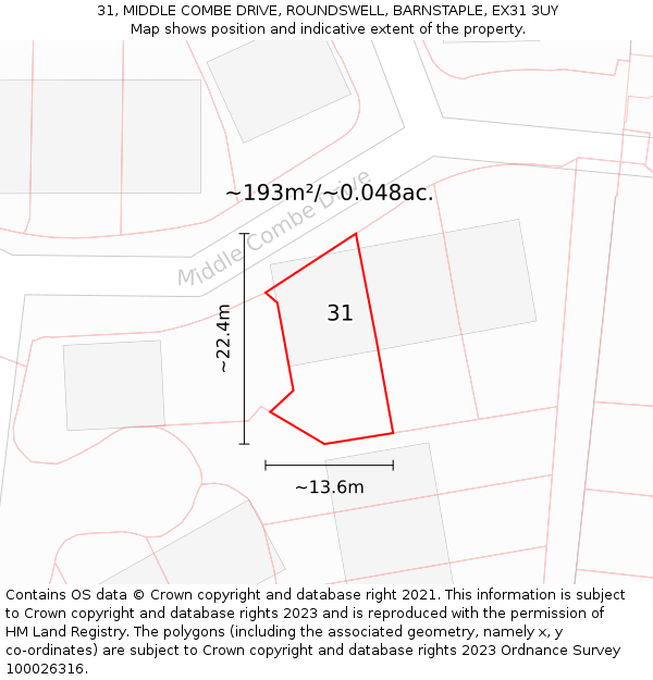 31, MIDDLE COMBE DRIVE, ROUNDSWELL, BARNSTAPLE, EX31 3UY: Plot and title map